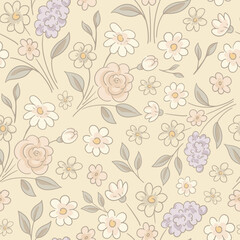 Vector vintage floral seamless pattern, cottagecore neutral colors textures