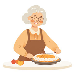 Elderly woman smiling while serving a freshly baked apple pie  