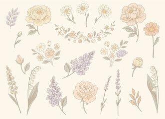 Vector vintage floral rustic set, cottagecore neutral colors lavender and roses flowers