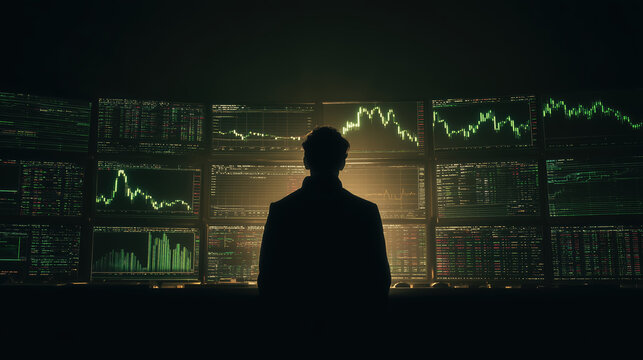 Silhouette of a person in front of multiple screens displaying stock market charts, symbolizing financial data analysis. - Powered by Adobe