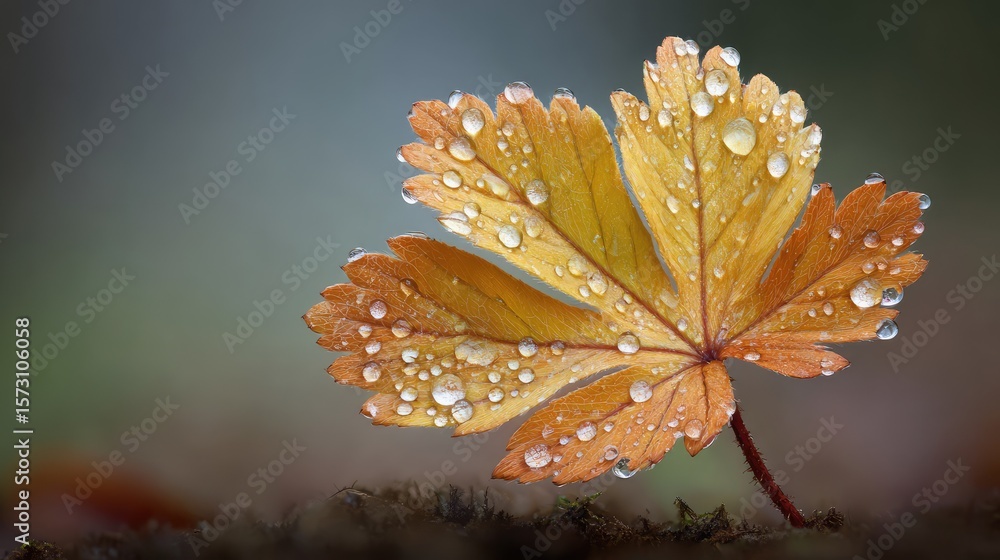 Aufkleber macro shot of dew on fallen autumn leaf with copy space blurred in background