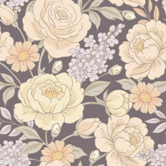Vector vintage floral seamless pattern, cottagecore neutral colors textures