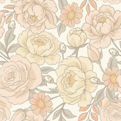 Vector vintage floral seamless pattern, cottagecore neutral colors textures