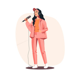 Young woman singing with microphone while wearing casual attire  