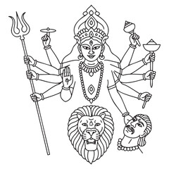 Illustration of Goddess Durga with multiple arms embodying strength and divinity