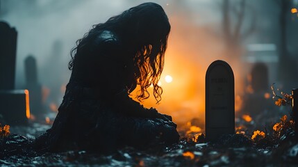 Woman Mourning in a Cemetery at Sunset with Dramatic Lighting