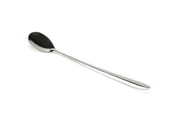 Elegant silver metal spoon for tea or coffee. Realistic cutlery utensil or tableware object for...