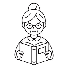 Old woman reading a book with a warm smile in a cheerful line art style