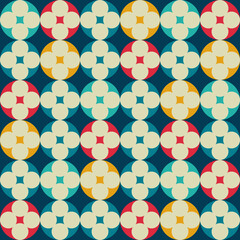 Colourful seamless pattern with circles on navy background. Geometric texture