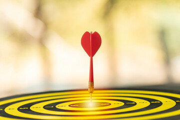 Red dart hitting the bullseye of a target. A concept of business success, achieving a goal, and...