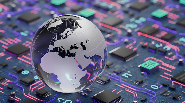 Glass globe displaying continents rests on a circuit board with glowing neon lines - Powered by Adobe