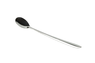 Elegant silver metal spoon for tea or coffee. Realistic cutlery utensil or tableware object for dining or restaurant concepts. isolated on white background with clipping path.