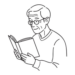 Old man enjoying reading a book with a gentle smile in line art style