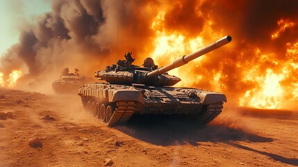 Military Tank Advancing Through Battle with Fire and Smoke in Background