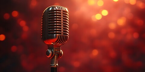 Retro Vintage Microphone Against a Vibrant Red Bokeh Background for Musical Themes