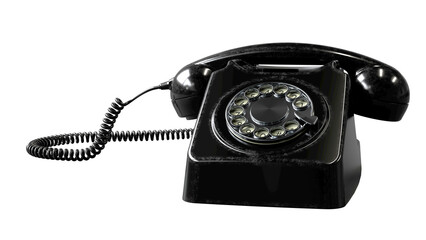 Vintage black rotary phone on a dark background. A symbol of nostalgia, retro communication, and classic technology. 3D Render.