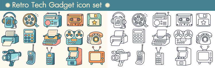 Retro tech gadget icon set includes vintage headphones film reel radio cassette tape floppy disk typewriter rotary phone and old television with
