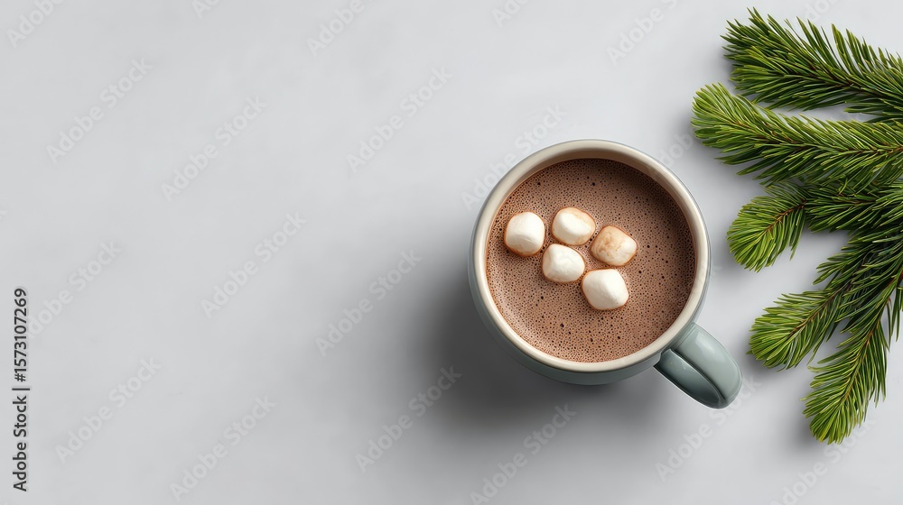 Poster top view of festive hot cocoa with marshmallows and blank space on table