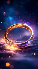 Sparkling Golden Ring with Cosmic Inner Design on Dark Background
