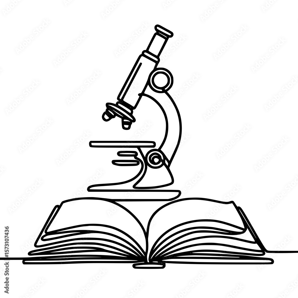 Poster outline drawing of a microscope on an open book for education