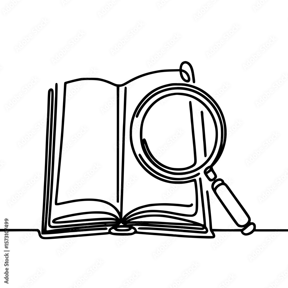 Poster open book with magnifying glass in a single line outline vector style