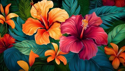 vibrant tropical hibiscus lush green leaves bold colors flowers bright jungle