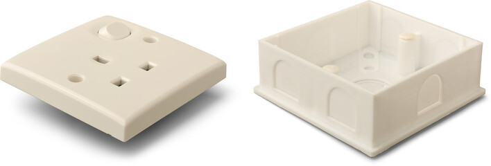 three pin type G wall socket faceplate and plastic back box isolated white background, electrical installation or home wiring system concept