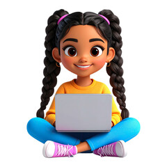 Adorable cartoon girl with braided hair happily using a laptop while sitting cross legged Isolated on transparent background