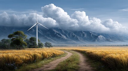 Wind Turbine in the Countryside: A solitary wind turbine stands tall against a backdrop of rolling hills, a symbol of sustainable energy within a vibrant countryside landscape.