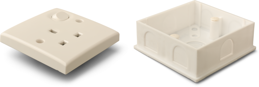 three pin type G wall socket faceplate and plastic back box isolated white background, electrical installation or home wiring system concept