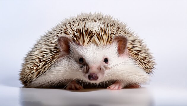 single hedgehog against bright white backdrop showing detail of spines mammal cute white