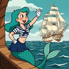 Vintage Mermaid Waving Beside Sailing Ship
