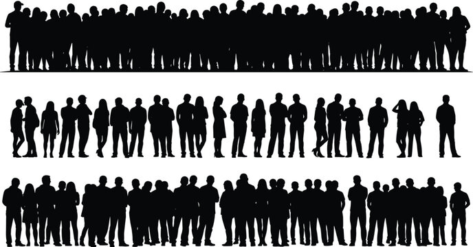 Large Diverse Crowd Silhouettes: Unified Group of People Standing Together, Community, Teamwork, and Social Gathering Concept, Isolated Black on White Background.