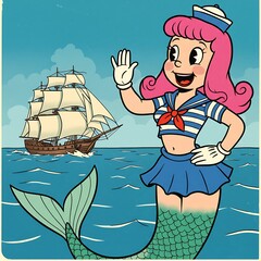 Cartoon Pink Mermaid Greeting from the Sea