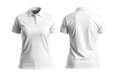 Plain White Woman Polo Shirt Front and Back View Isolated on White Background