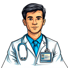 Young male doctor wearing stethoscope and ID badge in white coat  