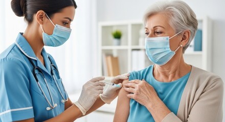 A nurse giving a vaccine to an elderly woman in a medical office.