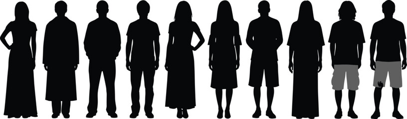 Group of diverse male and female silhouettes standing in casual clothing, human figures in line, full body shadow vector set