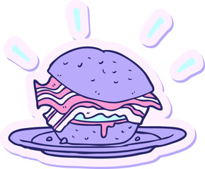sticker of a cartoon bacon sandwich in bright neon color