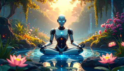 Meditative robot in lotus position, serene pond, glowing water rings, lush nature backdrop