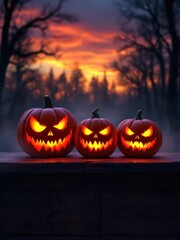 A spooky forest sunset with a haunted evil glowing eyes of Jack O' Lanterns on the left of a wooden bench on a scary halloween night.