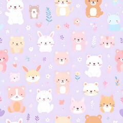 Adorable Pastel Animal Seamless Pattern: Cute Cats, Bunnies, and Bears