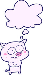 cartoon nervous pig with thought bubble in bright neon color