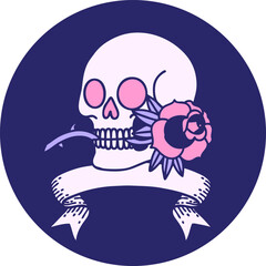 tattoo style icon with banner of a skull and rose in bright neon color