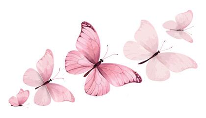 A group of delicate pink watercolor butterflies flying in sequence isolated on transparent background
