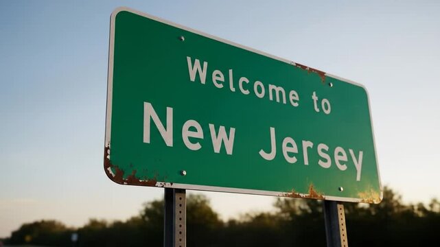 A rustic green welcome sign for new jersey captured from different angles during sunset time