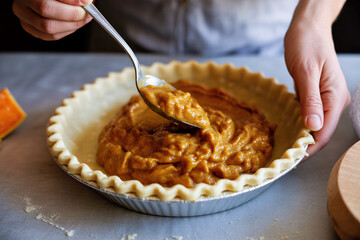 Hands filling homemade pumpkin pie crust with spoon in cozy kitchen scene