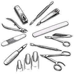 Nail Tools Layout with Hand Detail Illustration