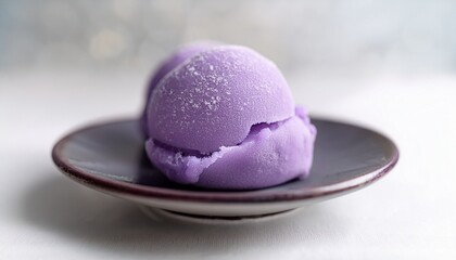 homemade purple ube ice cream with mochi in rice dough classic japanese treat on a white backdrop blurred background ample space