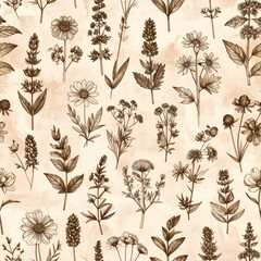 Fototapeta premium Detailed Botanical Illustration of Various Flowers and Foliage on Textured Background